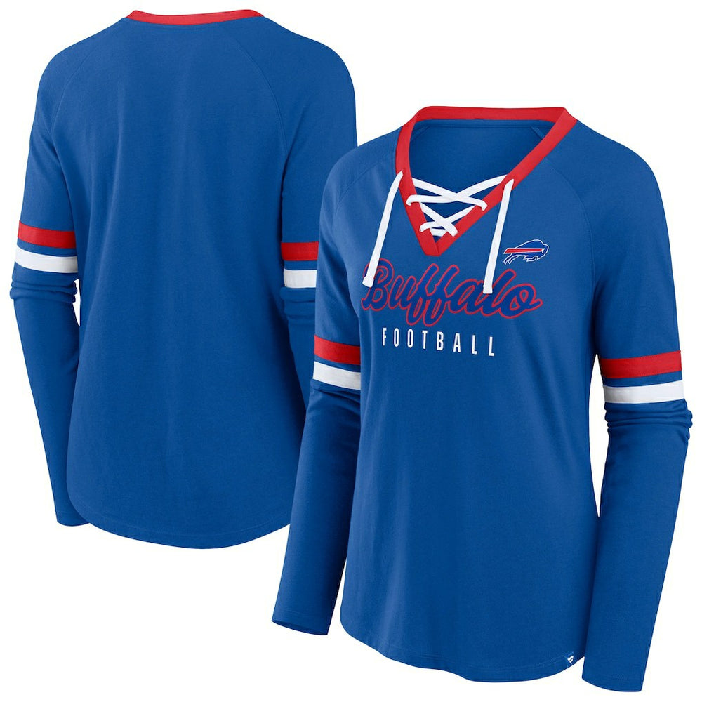 Buffalo Bills Women's Plus Size Won & Done Lace-Up V-Neck Long Sleeve T-Shirt - Royal - Fanatics