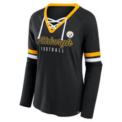 Pittsburgh Steelers Women's Plus Size Won & Done Lace-Up V-Neck Long Sleeve T-Shirt - Black - Fanatics