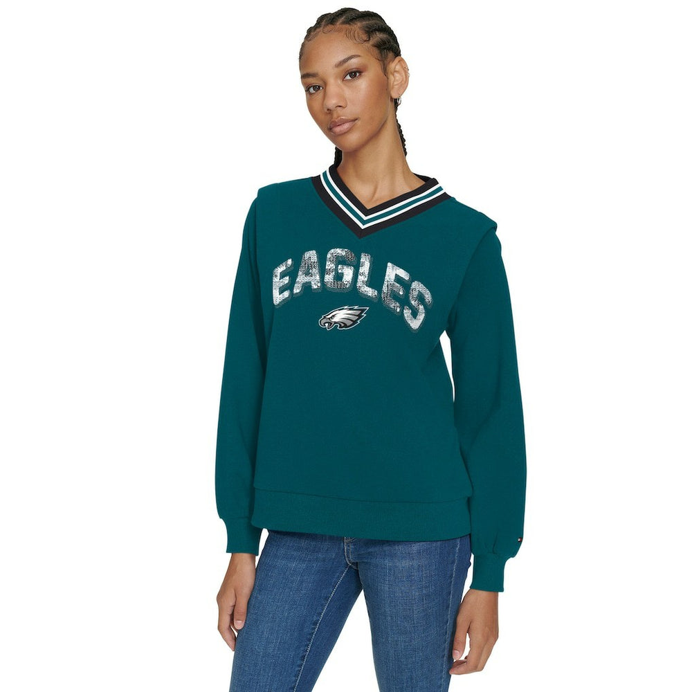 Philadelphia Eagles Tommy Hilfiger Women's Alice V-Neck Pullover Sweatshirt - Midnight Green - NFL