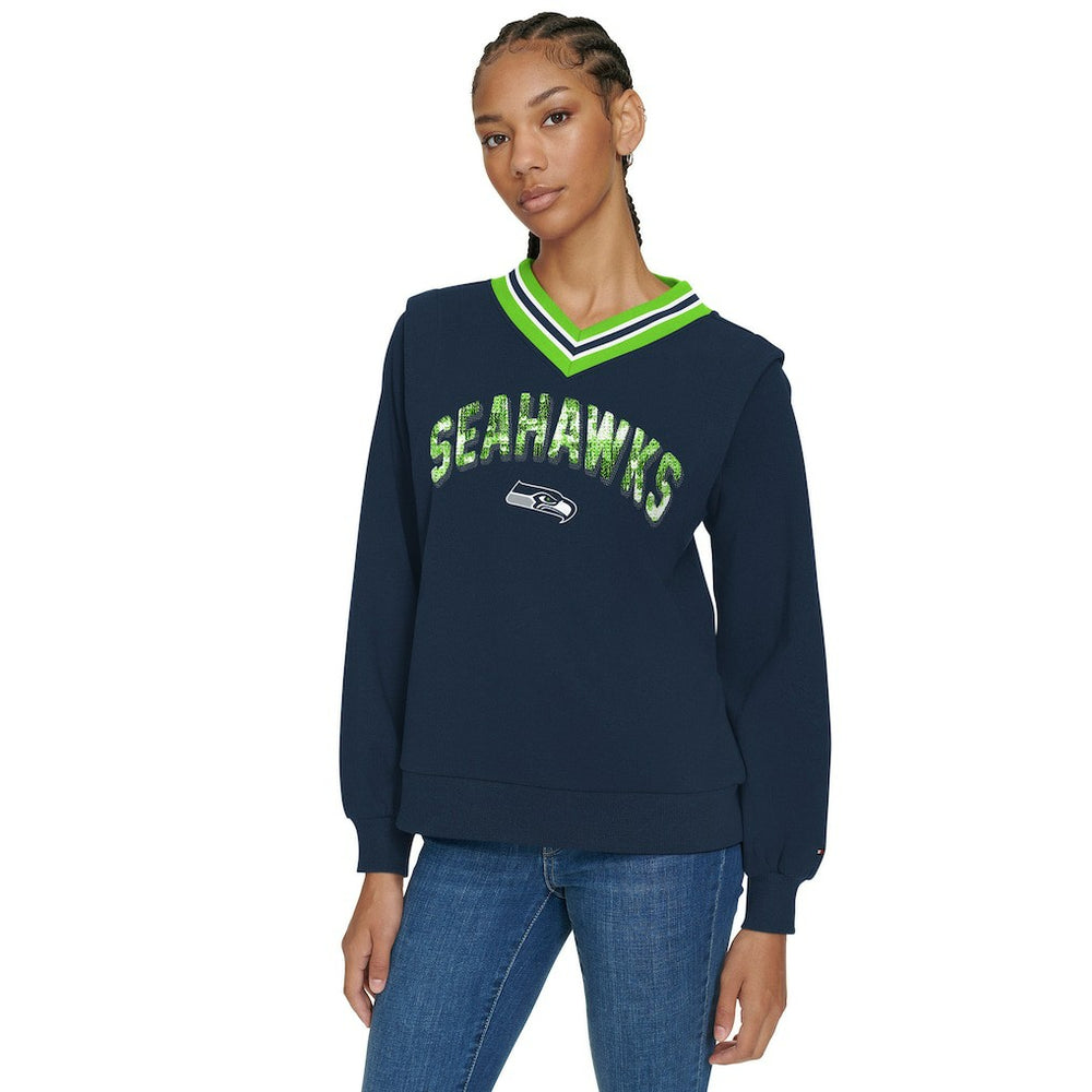 Seattle Seahawks Tommy Hilfiger Women's Alice V-Neck Pullover Sweatshirt - Navy - NFL