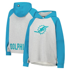 Miami Dolphins DKNY Sport Women's Joy Cropped Raglan Pullover Hoodie - Gray/Aqua - NFL