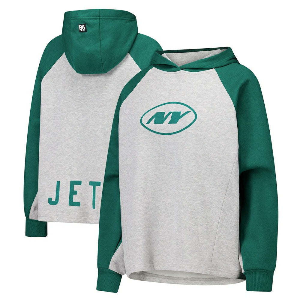 New York Jets DKNY Sport Women's Joy Cropped Raglan Pullover Hoodie - Gray/Green - NFL