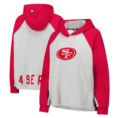 San Francisco 49ers DKNY Sport Women's Joy Cropped Raglan Pullover Hoodie - Gray/Scarlet - NFL