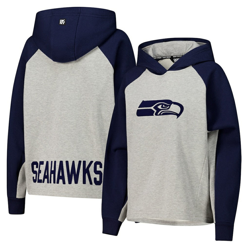 Seattle Seahawks DKNY Sport Women's Joy Cropped Raglan Pullover Hoodie - Gray/College Navy - NFL