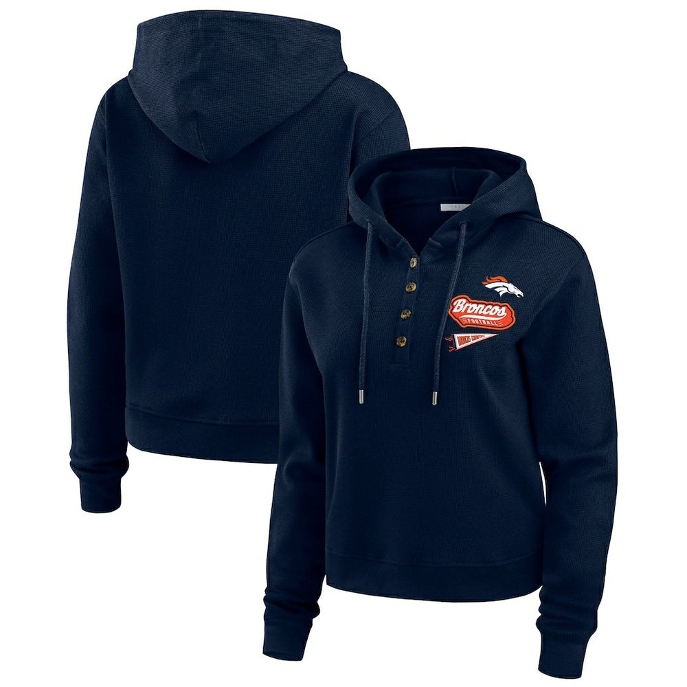 Denver Broncos WEAR by Erin Andrews Women's Waffle-Knit Pullover Hoodie - Navy - NFL