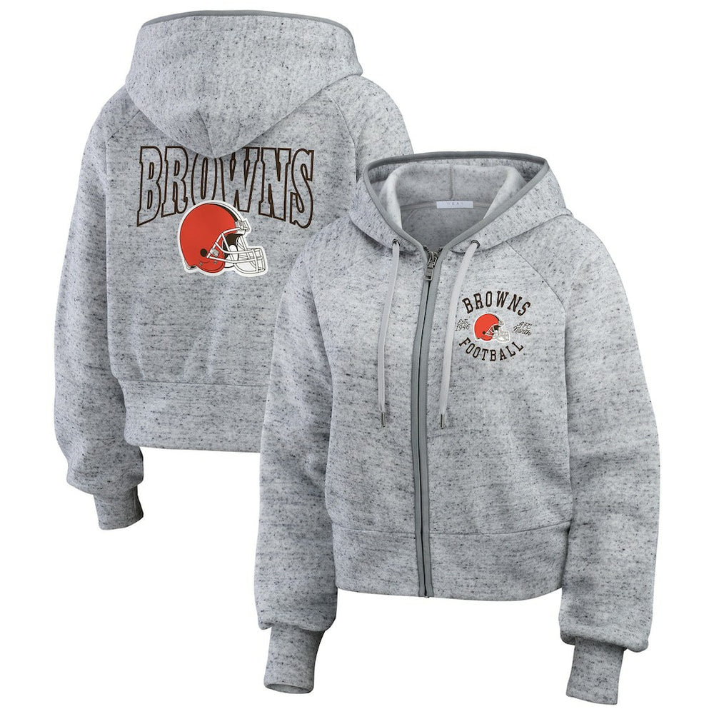 Cleveland Browns WEAR by Erin Andrews Women's Speckled Fleece Cropped Full-Zip Hoodie - Heather Gray - NFL