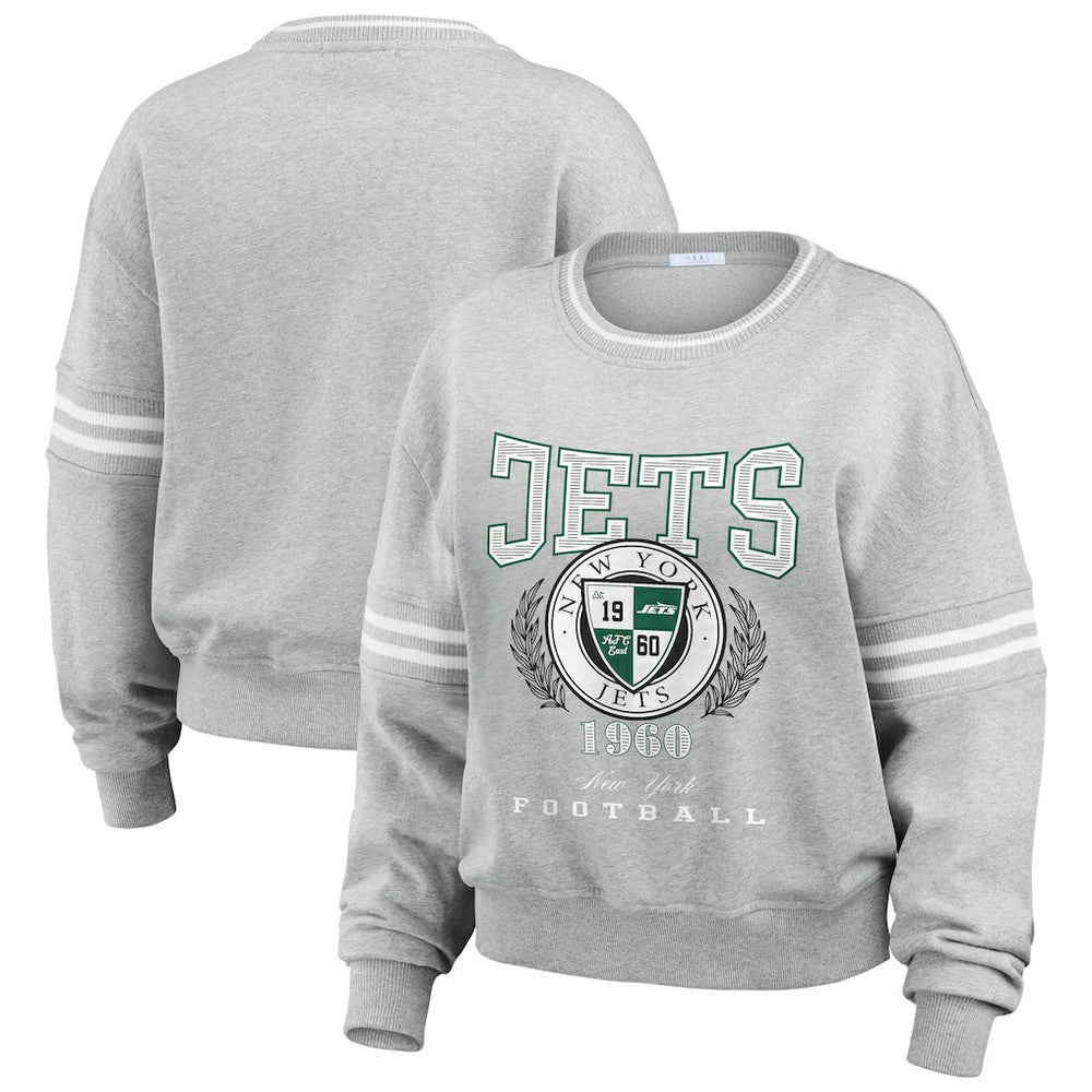 New York Jets WEAR by Erin Andrews Women's Crest Cropped Pullover Sweatshirt - Heather Gray - NFL