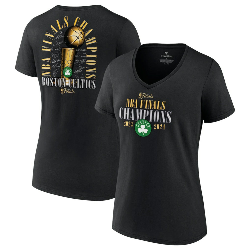 Fanatics Boston Celtics Women's 2024 NBA Finals Champions Fade Away Jumper Roster Signature V-Neck T-Shirt Black