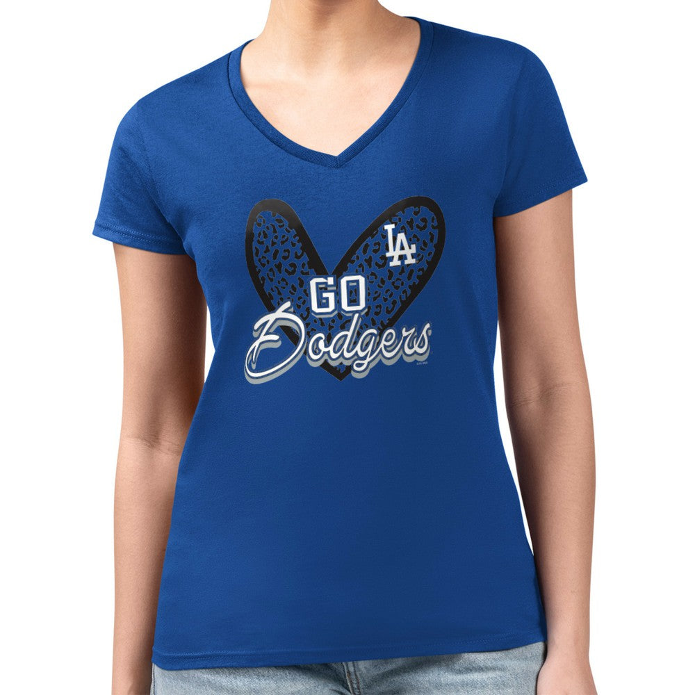 Los Angeles Dodgers G-III 4Her by Carl Banks Women's Super-Slim Fit Lightweight Leopard Heart V-Neck T-Shirt Outlet