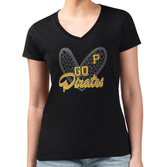 Pittsburgh Pirates G-III 4Her by Carl Banks Women's Super-Slim Fit Lightweight Leopard Heart V-Neck T-Shirt Outlet
