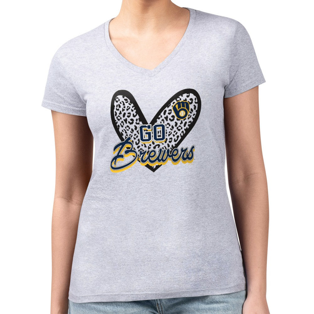 Milwaukee Brewers G-III 4Her by Carl Banks Women's Super-Slim Fit Lightweight Leopard Heart V-Neck T-Shirt Near Me