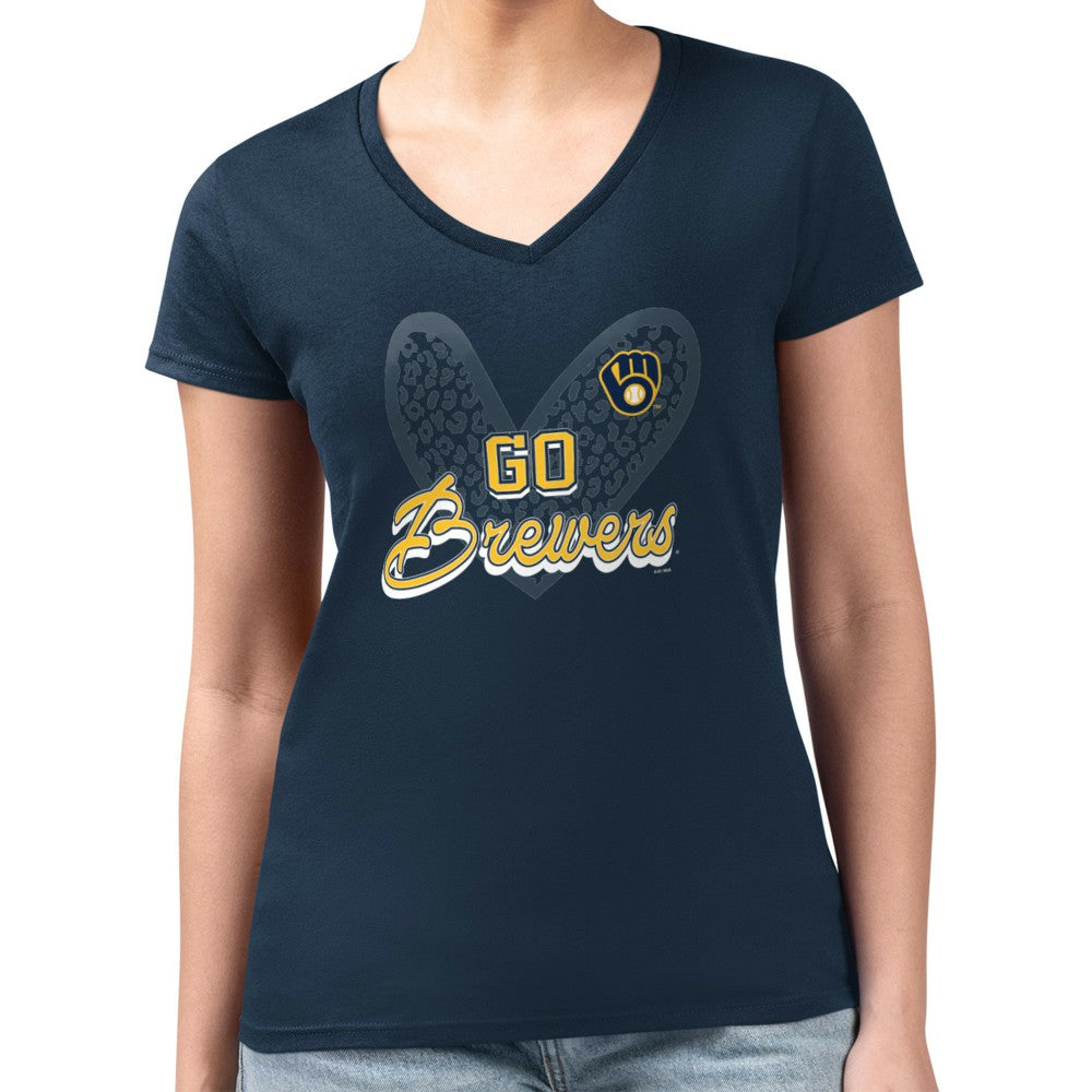 Milwaukee Brewers G-III 4Her by Carl Banks Women's Super-Slim Fit Lightweight Leopard Heart V-Neck T-Shirt Sale