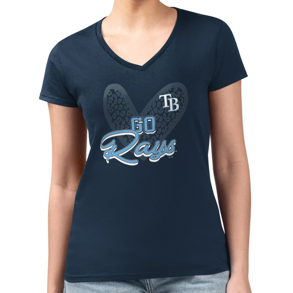 Tampa Bay Rays G-III 4Her by Carl Banks Women's Super-Slim Fit Lightweight Leopard Heart V-Neck T-Shirt for sale