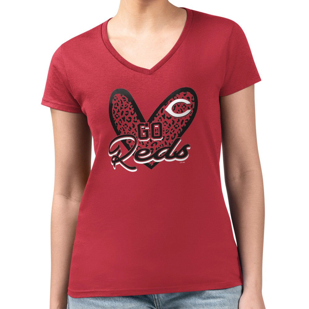 Cincinnati Reds G-III 4Her by Carl Banks Women's Super-Slim Fit Lightweight Leopard Heart V-Neck T-Shirt Discount