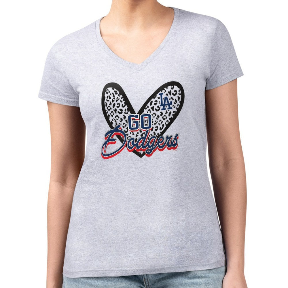 Los Angeles Dodgers G-III 4Her by Carl Banks Women's Super-Slim Fit Lightweight Leopard Heart V-Neck T-Shirt Discount