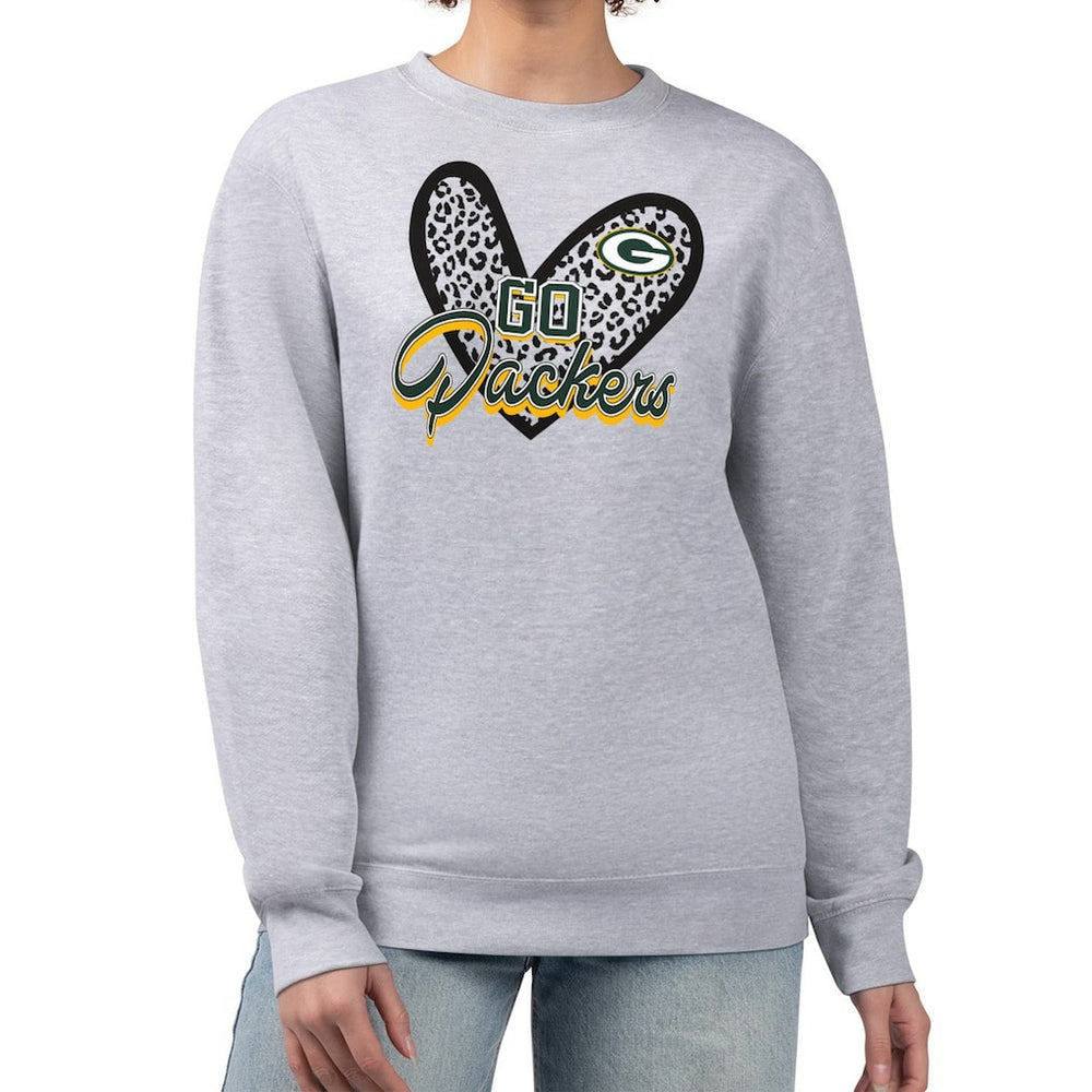 Green Bay Packers G-III 4Her by Carl Banks Women's Leopard Heart Pullover Sweatshirt - Heather Gray - NFL