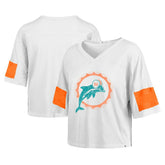 Miami Dolphins '47 Women's Double Header Scout Cropped V-Neck T-Shirt - White - 47 brand