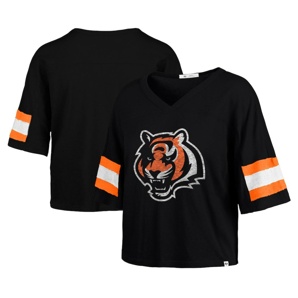 Cincinnati Bengals '47 Women's Double Header Scout Cropped V-Neck T-Shirt - Black - 47 brand