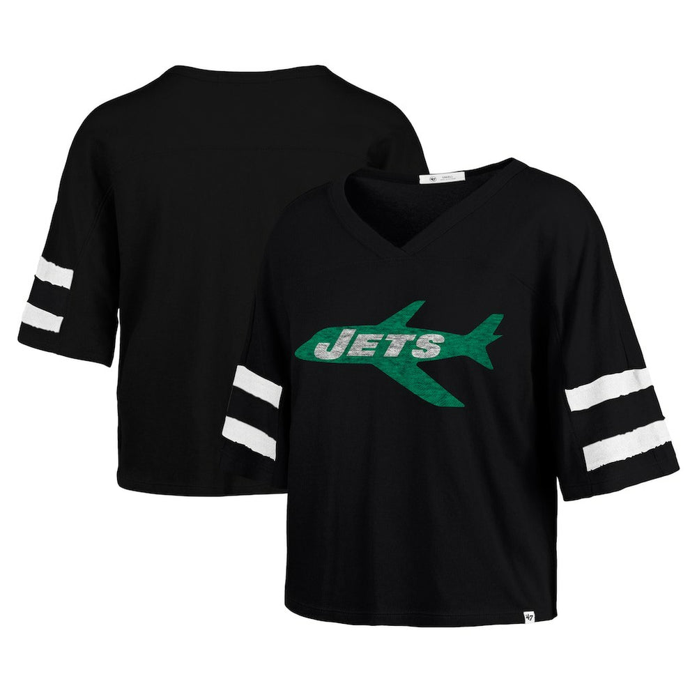 New York Jets '47 Women's Double Header Scout Cropped V-Neck T-Shirt - Black - 47 brand