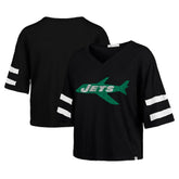 New York Jets '47 Women's Double Header Scout Cropped V-Neck T-Shirt - Black - 47 brand