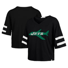 New York Jets '47 Women's Double Header Scout Cropped V-Neck T-Shirt - Black - 47 brand