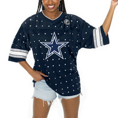 Dallas Cowboys Gameday Couture Women's Kickoff Time Allover Rhinestone Sports Stripe Jersey V-Neck T-Shirt - Navy - NFL
