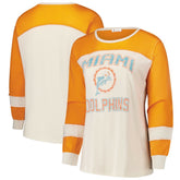 Miami Dolphins '47 Women's Plus Size Double Header Curve Toni Long Sleeve T-Shirt - Cream/Orange - 47 brand
