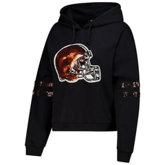 Cleveland Browns Cuce Women's Cropped Sequins Pullover Hoodie - Black - NFL