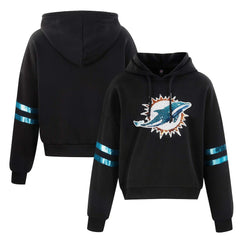Miami Dolphins Cuce Women's Cropped Sequins Pullover Hoodie - Black - NFL