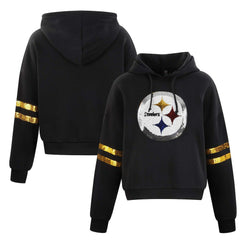 Pittsburgh Steelers Cuce Women's Cropped Sequins Pullover Hoodie - Black - NFL