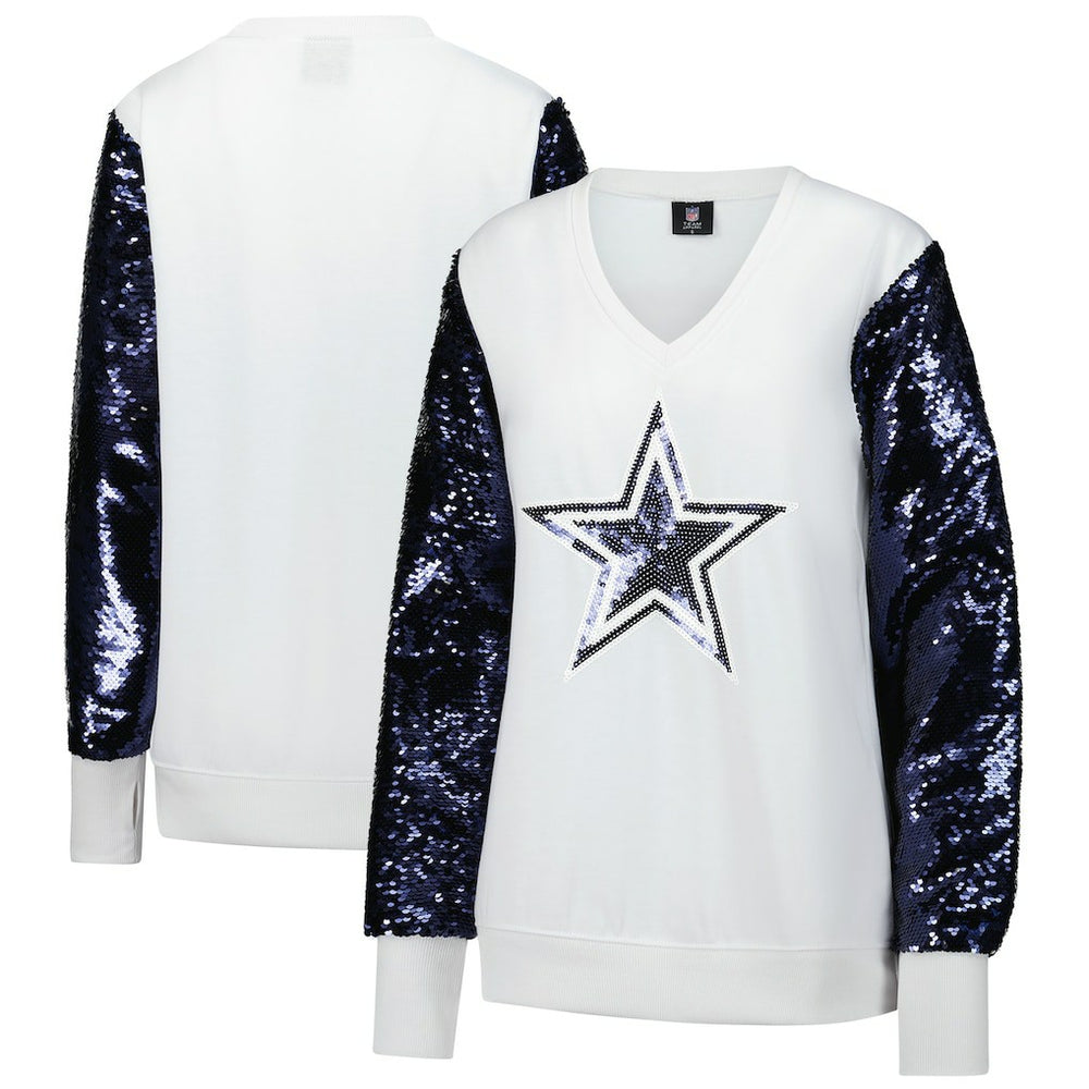 Dallas Cowboys Cuce Women's Sequin Sleeve V-Neck Pullover Sweatshirt- White - NFL