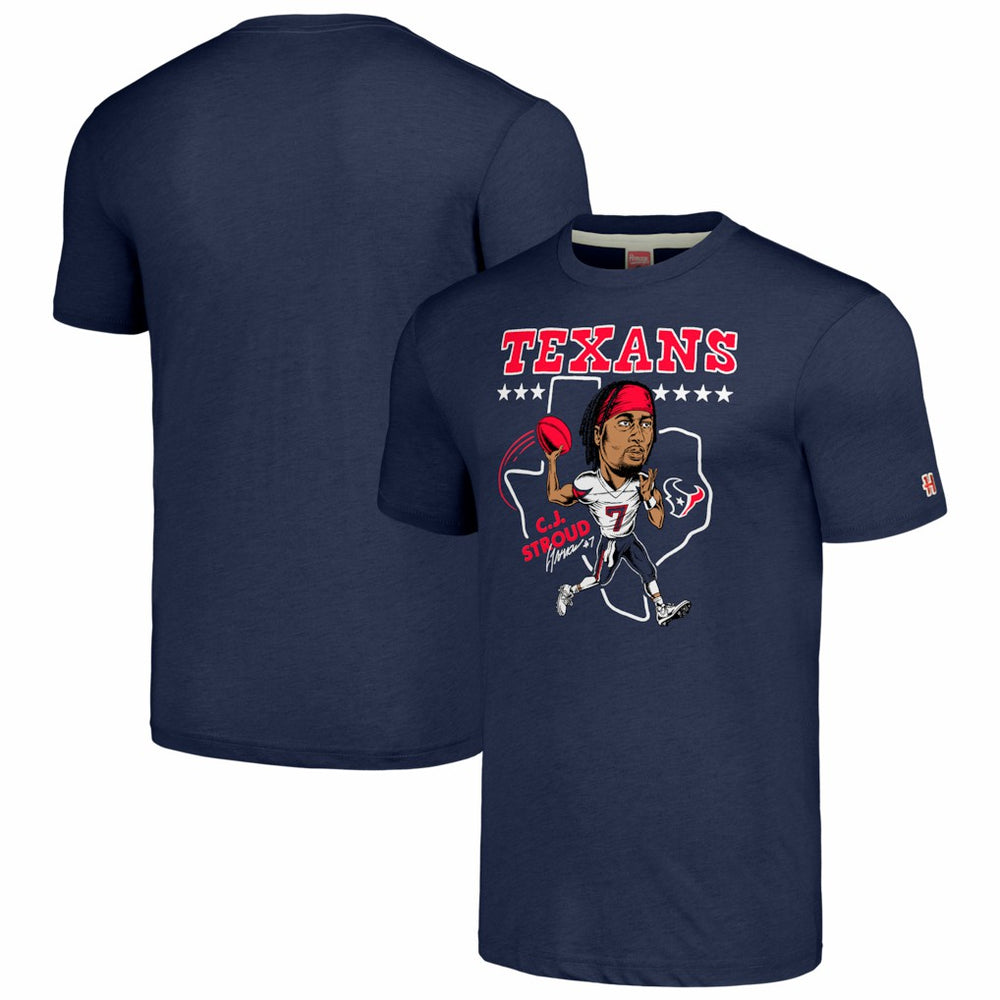C.J. Stroud Houston Texans Homage Unisex Caricature Player Tri-Blend T-Shirt - Navy - NFL