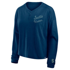 Seattle Kraken Fanatics Women's Oversized All Out Effort Long Sleeve Henley T-Shirt - Deep Sea Blue | Fanatics Lifestyle