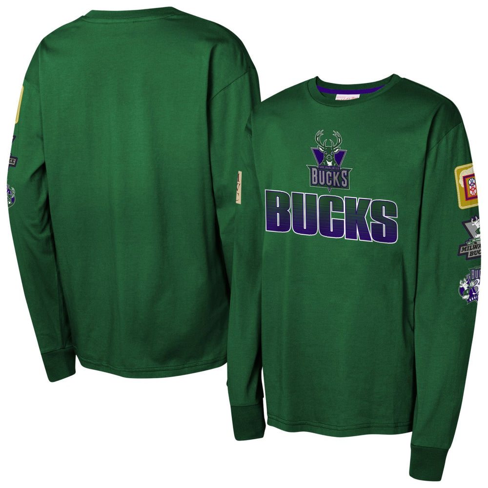 Mitchell & Ness Milwaukee Bucks Youth Hardwood Classics All Over Long Sleeve T-Shirt Hunter Green