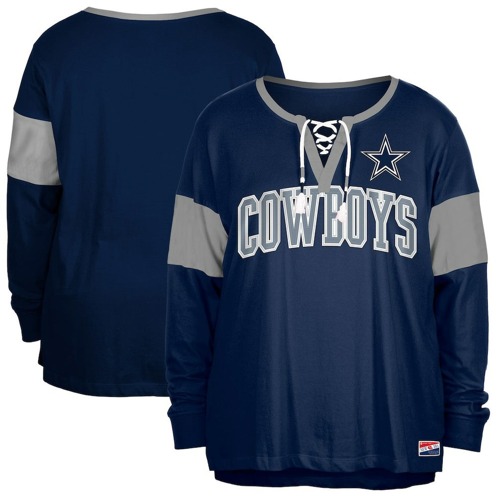 Dallas Cowboys New Era Women's Plus Size Lace-Up Notch Neck Long Sleeve T-Shirt - Navy - NFL