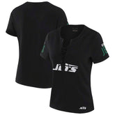 New York Jets WEAR by Erin Andrews x Gracie Hunt Women's Draft Me Lace-Up T-Shirt - Black - NFL