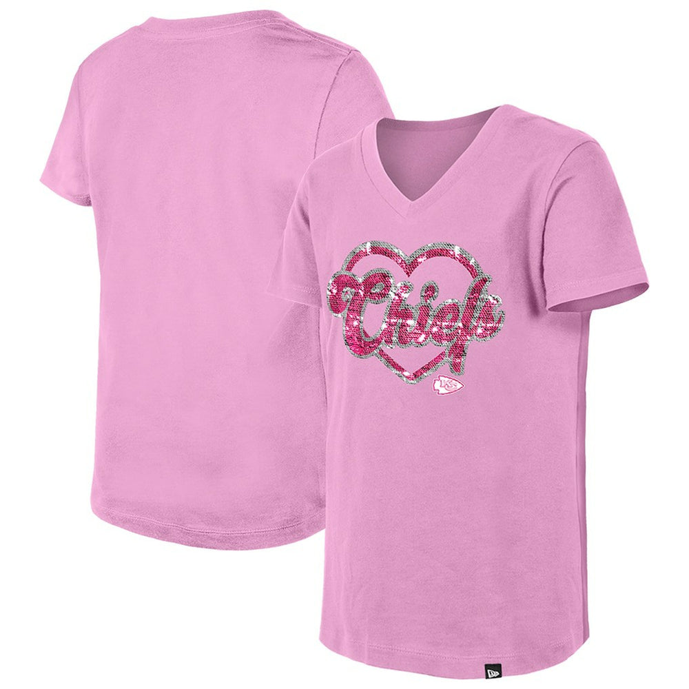 Kansas City Chiefs New Era Girls Youth Flip Sequins V-Neck T-Shirt - Pink - NFL