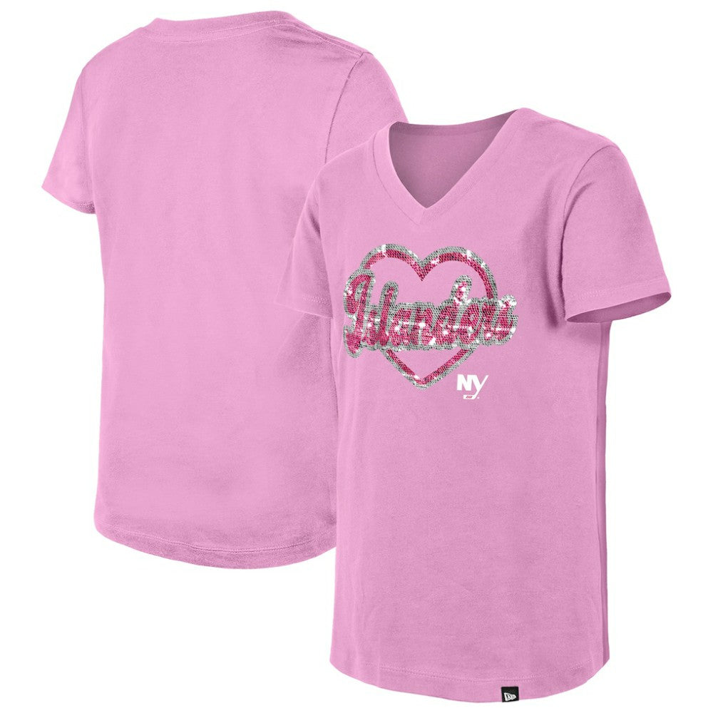 New York Islanders New Era Girl's Youth Flip Sequin V-Neck T-Shirt - Pink | New Era online