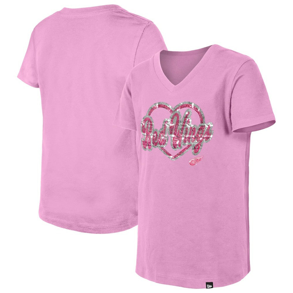 Detroit Red Wings New Era Girl's Youth Flip Sequin V-Neck T-Shirt - Pink | New Era Clearance