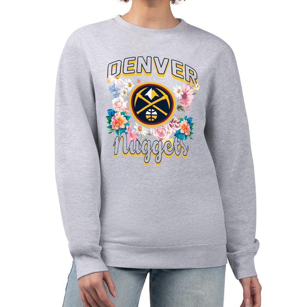 Denver Nuggets G-III 4Her by Carl Banks Women's Flowers Team Logo Graphic Fleece Crewneck Pullover Sweatshirt Heather Gray