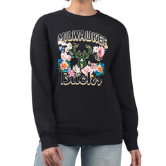 Milwaukee Bucks G-III 4Her by Carl Banks Women's Flowers Team Logo Graphic Fleece Crewneck Pullover Sweatshirt Black