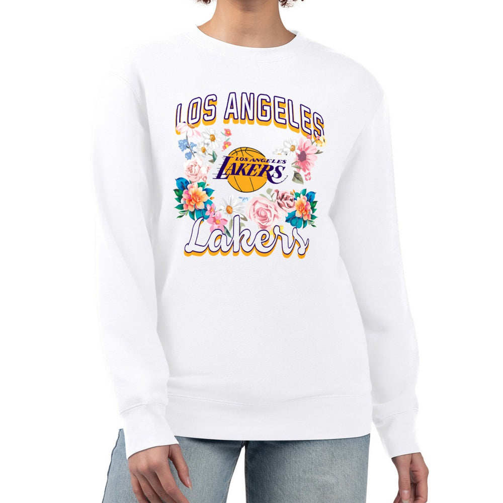 Los Angeles Lakers G-III 4Her by Carl Banks Women's Flowers Team Logo Graphic Fleece Crewneck Pullover Sweatshirt White
