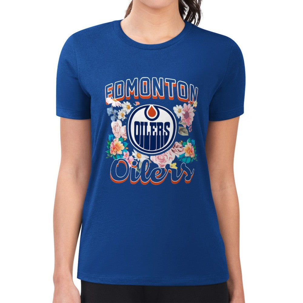 Edmonton Oilers G-III 4Her by Carl Banks Women's Super-Slim Fit Lightweight Flower Logo T-Shirt - Royal | NHL discount