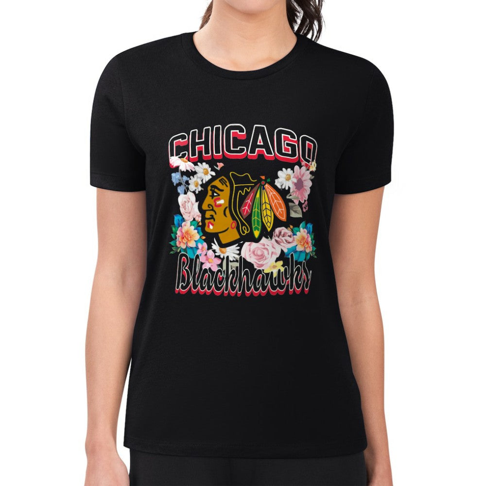 Chicago Blackhawks G-III 4Her by Carl Banks Women's Super-Slim Fit Lightweight Flower Logo T-Shirt - Black | NHL near me