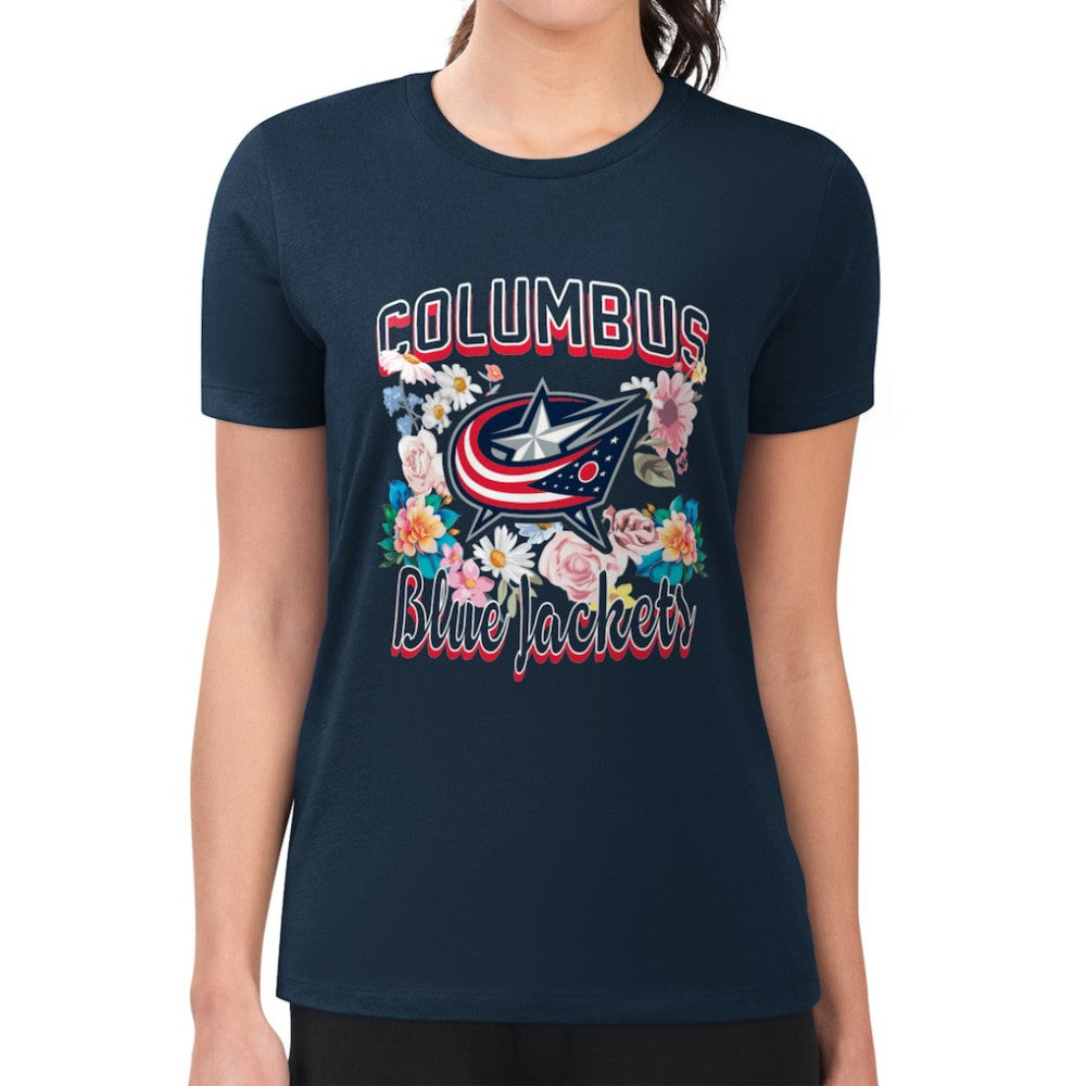 Columbus Blue Jackets G-III 4Her by Carl Banks Women's Super-Slim Fit Lightweight Flower Logo T-Shirt - Navy | NHL Clearance