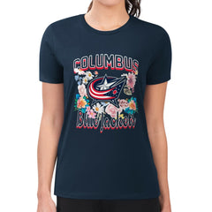 Columbus Blue Jackets G-III 4Her by Carl Banks Women's Super-Slim Fit Lightweight Flower Logo T-Shirt - Navy | NHL Clearance