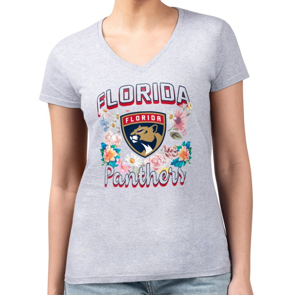 Florida Panthers G-III 4Her by Carl Banks Women's Super-Slim Fit Lightweight Flower Logo V-Neck T-Shirt - Heather Gray | NHL sale