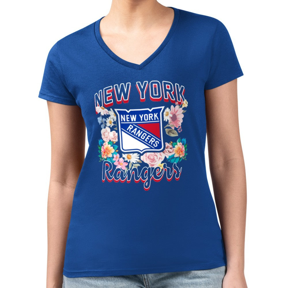 New York Rangers G-III 4Her by Carl Banks Women's Super-Slim Fit Lightweight Flower Logo V-Neck T-Shirt - Blue | NHL on sale