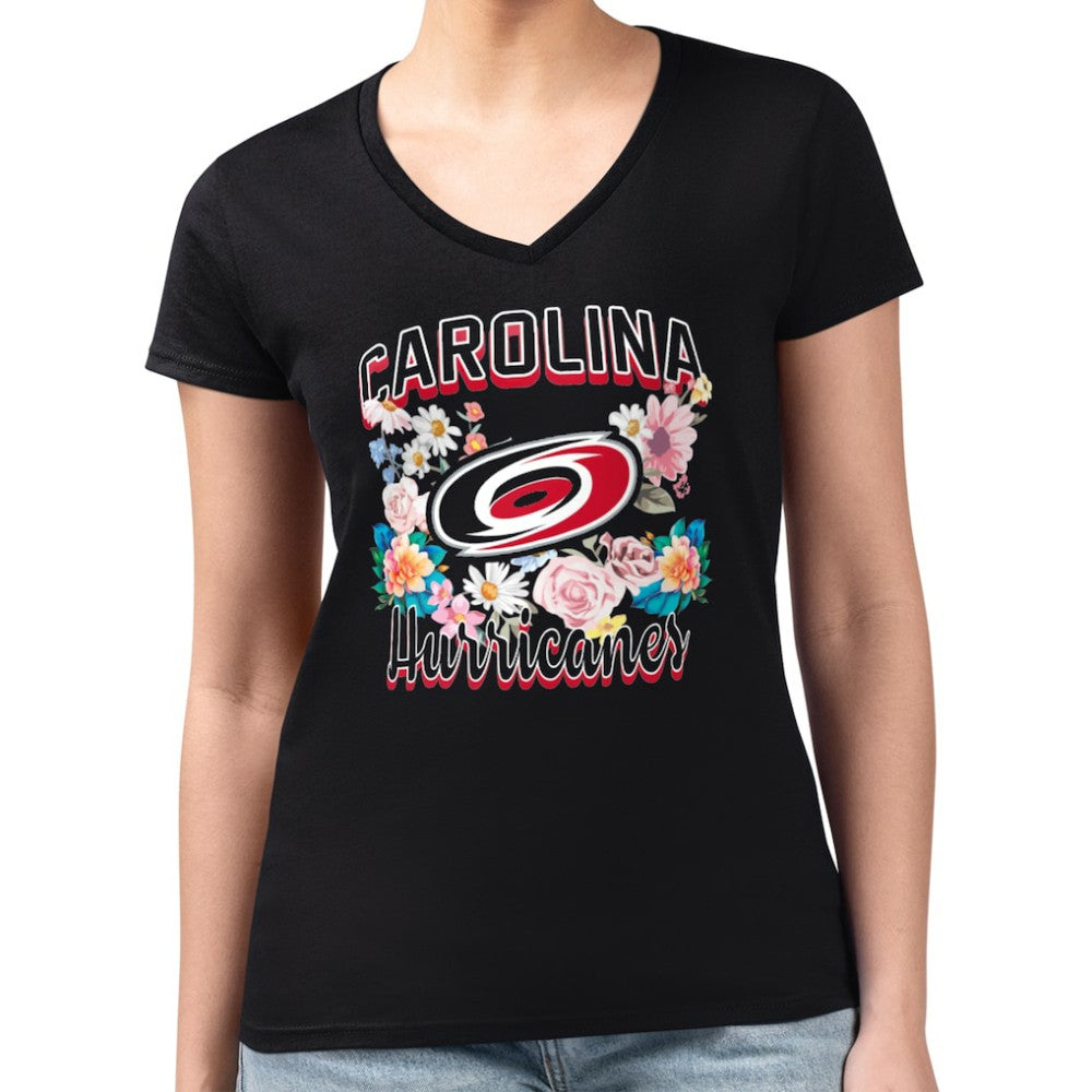 Carolina Hurricanes G-III 4Her by Carl Banks Women's Super-Slim Fit Lightweight Flower Logo V-Neck T-Shirt - Black | NHL online