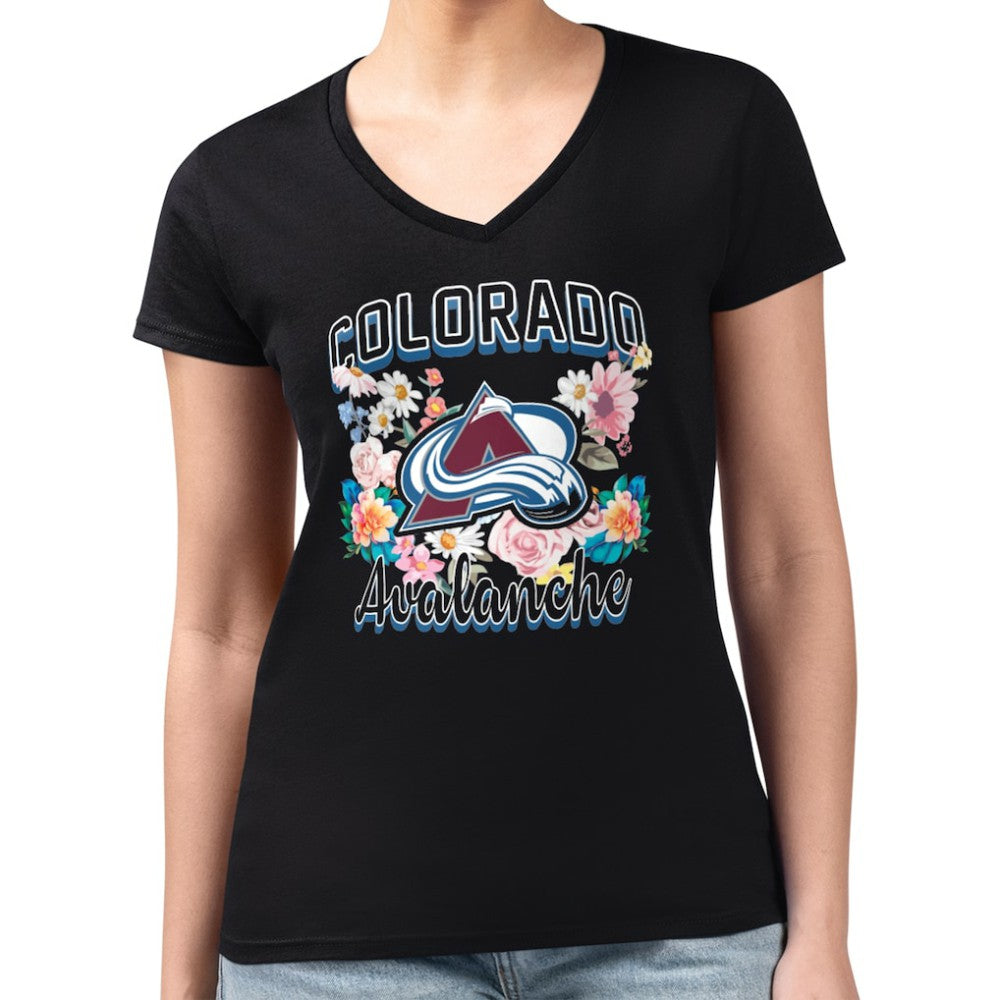 Colorado Avalanche G-III 4Her by Carl Banks Women's Super-Slim Fit Lightweight Flower Logo V-Neck T-Shirt - Black | NHL online